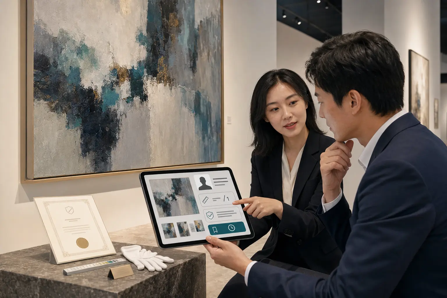 小组科技艺术品数字展厅方案页面,展示作品概览、艺术家资料、尺寸版号、证书和预留操作