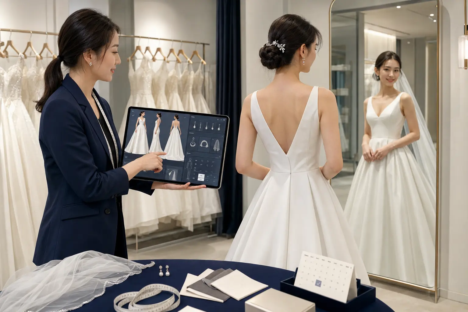 小组科技婚纱礼服数字展厅方案页面,展示礼服多角度预览、配饰选择、尺码修改和试穿档期