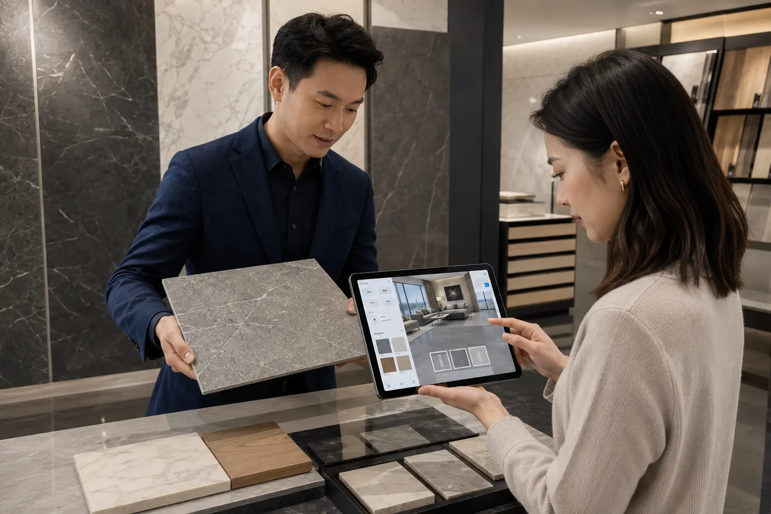 小组科技建材选样数字展厅方案页面,展示石材纹理、板号批次、规格选择与铺装效果预览