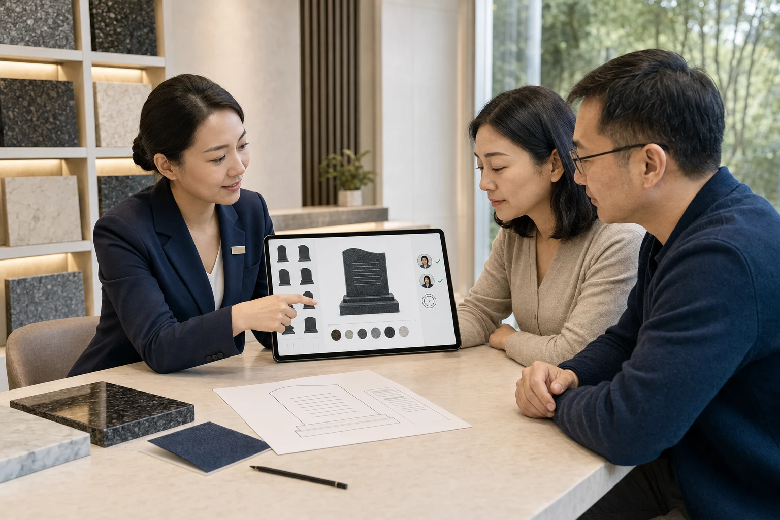 小组科技纪念定制数字展厅方案页面,顾问与家属查看石材款式、碑文预览和多人确认状态