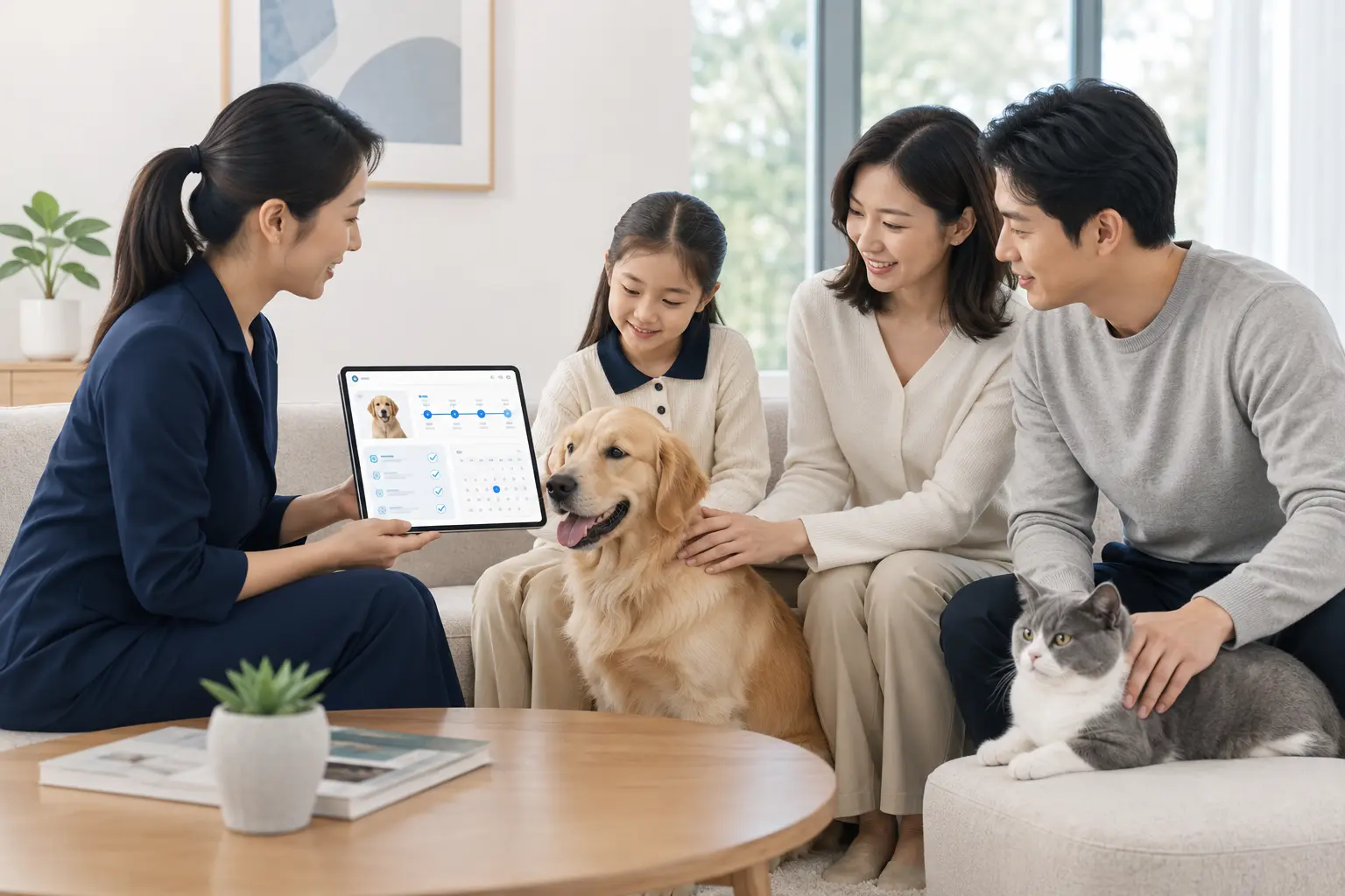 小组科技宠物顾问数字展厅方案页面,家庭与顾问查看宠物成长档案、健康血统和预约状态